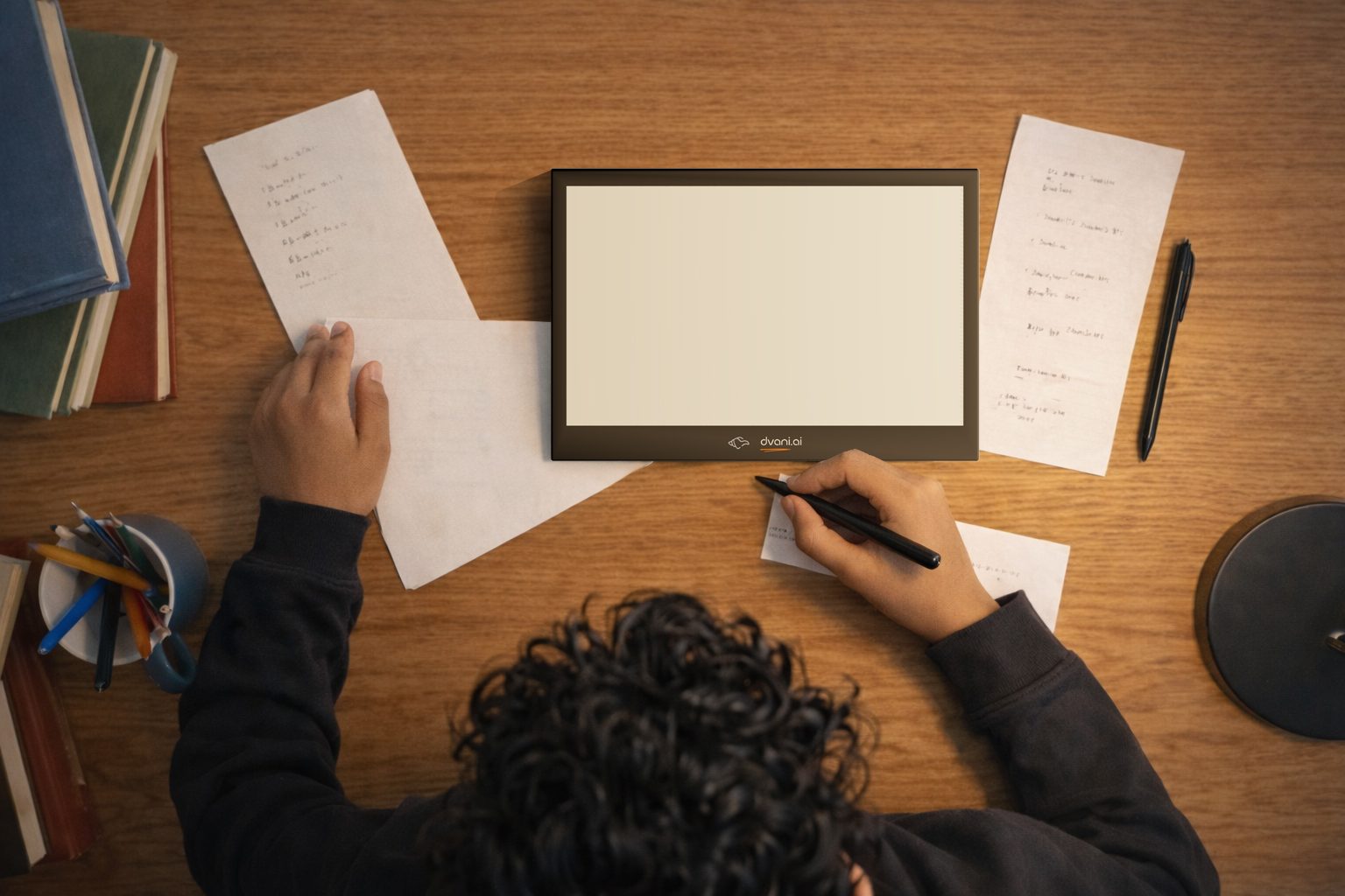 A student writing in the notebook beside the slate